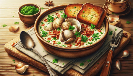 Creamy clam soup with bacon, parsley and toasted bread.