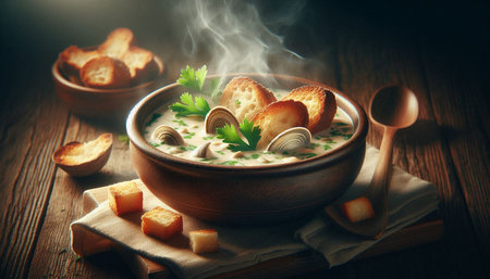 Creamy mushroom soup with croutons and parsley on wooden background