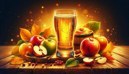 Glass of apple juice with apples on wooden table and autumn leaves background