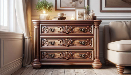 Vintage wooden chest of drawers in classic interior. 3d render