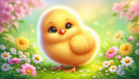 Easter background with little yellow chicken and spring flowers. Easter card.