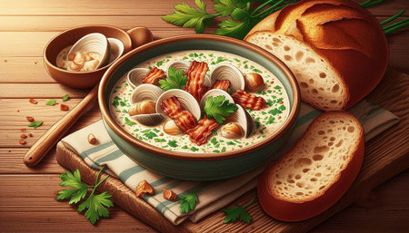 Creamy soup with chorizo, parsley and bread