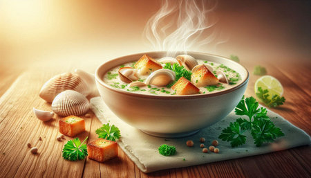 Mushroom soup with croutons and parsley in bowl