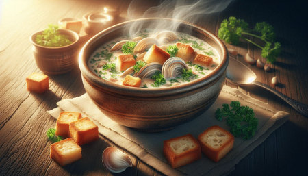 Creamy soup with croutons and parsley on wooden table