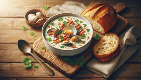 Creamy clam soup with parsley and bread on wooden background