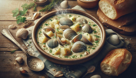 Clams soup in clay bowl on wooden table. Seafood soup
