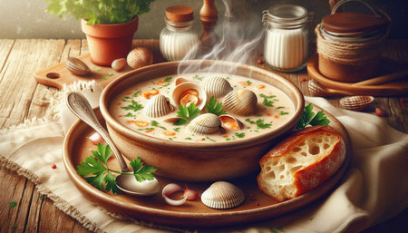 Creamy soup with clams and parsley on a wooden background