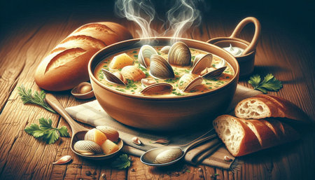 Seafood soup with mussels in a bowl on wooden background