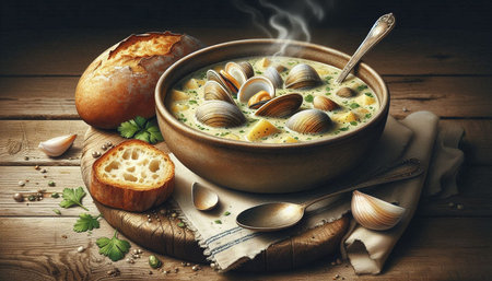 Clams soup in bowl on wooden background. Vintage style.