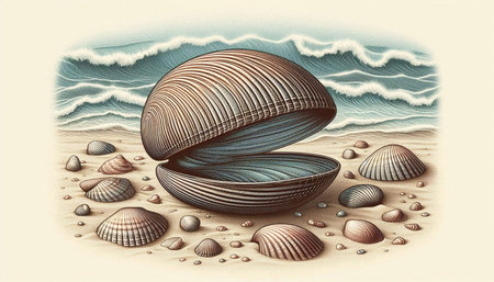 Illustration of a sea shell in the sand with waves and clouds