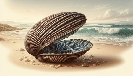 3D illustration of a seashell on the beach at sunset.