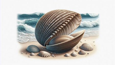 Sea shells on the sand. 3D illustration. High resolution.
