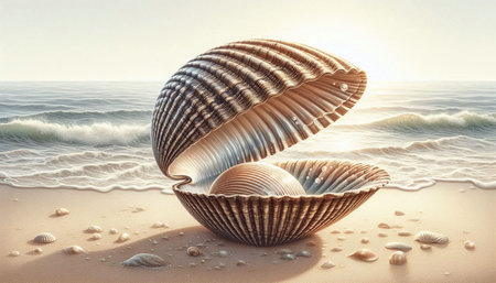 Shells on the beach. 3D render. Conceptual image.