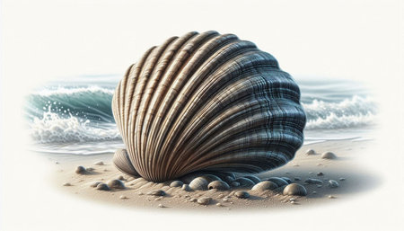3D illustration of a seashell on a beach with waves.