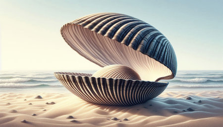 Illustration of a seashell on the beach. 3d rendering