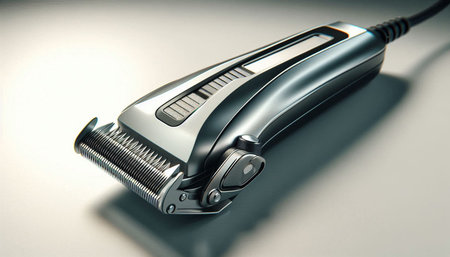 Hair trimmer on white background, closeup of photo.