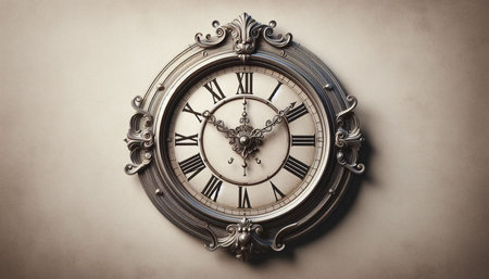 Vintage clock on the wall background. Time concept. 3d rendering