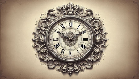 Vintage clock on old paper background. Retro style toned image