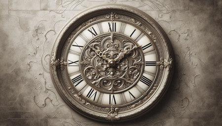 Antique clock on grunge wall. Time concept. 3D Rendering