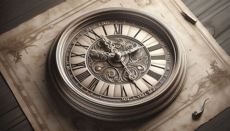 Vintage pocket watch on old book. Time concept. Close up.