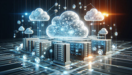 Cloud computing concept with server room 3D rendering elements of this image furnished by NASA
