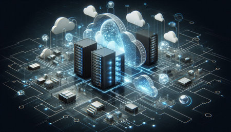 Cloud computing concept. 3d illustration in blue and black colors.