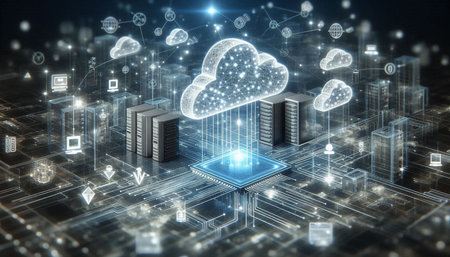 Cloud computing concept with server and cloud 3D rendering elements of this image furnished by NASA