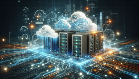 Cloud computing concept with server towers against blue background with vignette