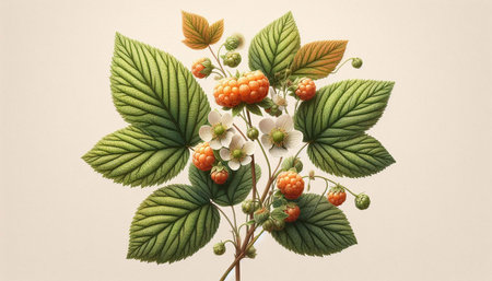 branch of raspberry with green leaves and berries on a white background