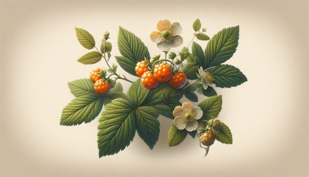 Bouquet of raspberries with green leaves and flowers on a beige background