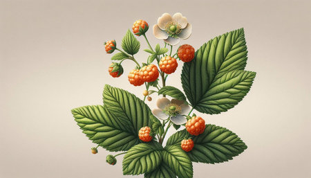 Branch of raspberry with flowers and leaves on a gray background.