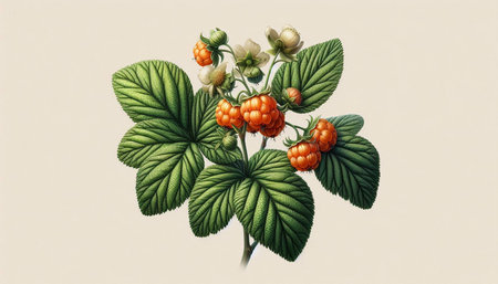 Raspberry branch with berries and leaves. Illustration in vintage style.
