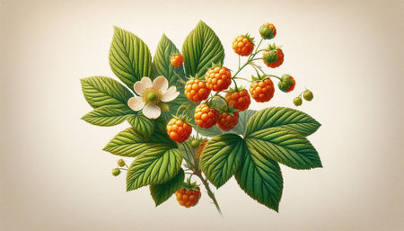 Branch of raspberry with green leaves and flowers on a white background