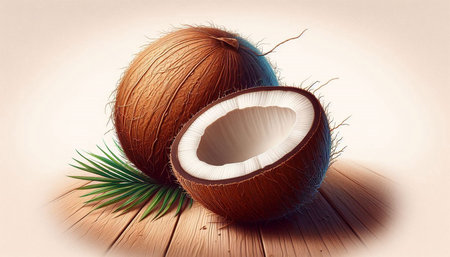 Coconut on a wooden background. 3D illustration. Vintage style.