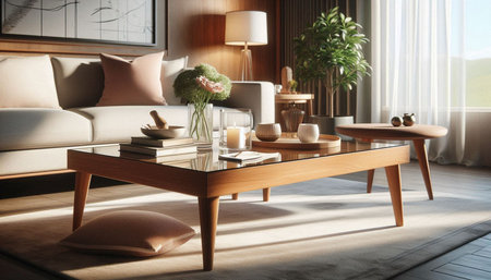 Living room interior with sofa, coffee table and plants. 3d rendering