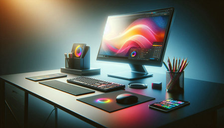 Designer desktop with computer, mouse, graphic tablet and pencils. 3D rendering
