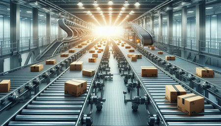 Conveyor belt with cardboard boxes on conveyor belt. 3D rendering