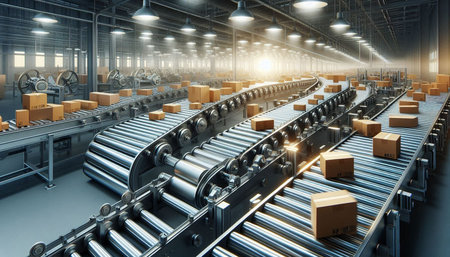 Conveyor belt with cardboard boxes in warehouse. 3D rendering