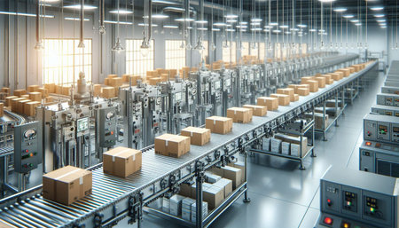 Conveyor belt with cardboard boxes in warehouse. 3D rendering