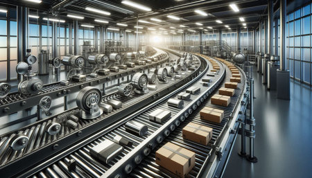 Conveyor belt with cardboard boxes in factory. 3D rendering