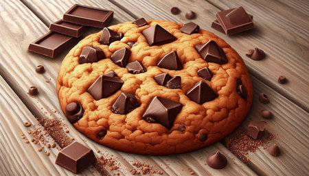 Chocolate chip cookie on brown wooden table, closeup. Delicious dessert