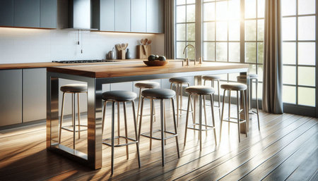 Kitchen interior with wooden floor and sunlight. 3D Rendering