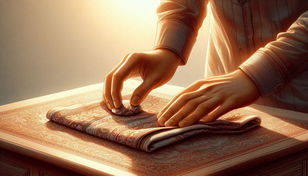 Close up of man cleaning table with cloth in sunlight. Retro style