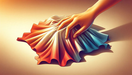 3d rendering of human hand touching colored fabric on a white background