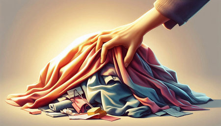 Hands of a seamstress with a lot of clothes on the table