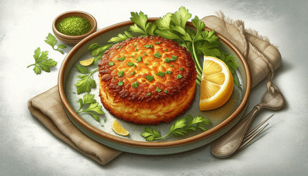 Fried fish cake with lemon and herbs on a light background.