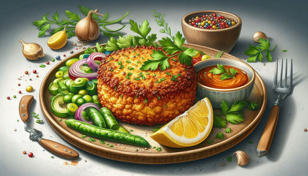 Fish cake with vegetables and sauce on wooden plate. Vector illustration.
