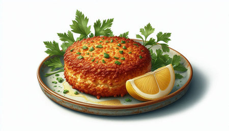 Potato cake with parsley and lemon isolated on white background.