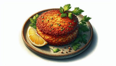 Fish cakes with parsley, lemon and parsley on a plate