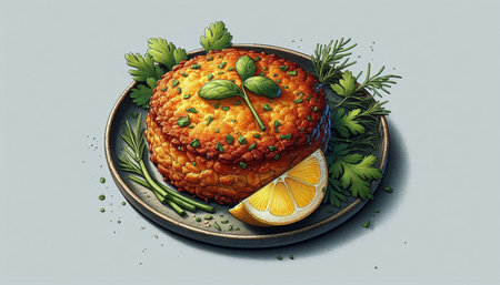 Illustration of a round cake with a lemon and herbs on a plate